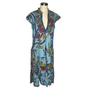 JOHN & MICKIE LA Midi Dress Blue Floral Bird V Neck Cap Sleeve Size 3 US L